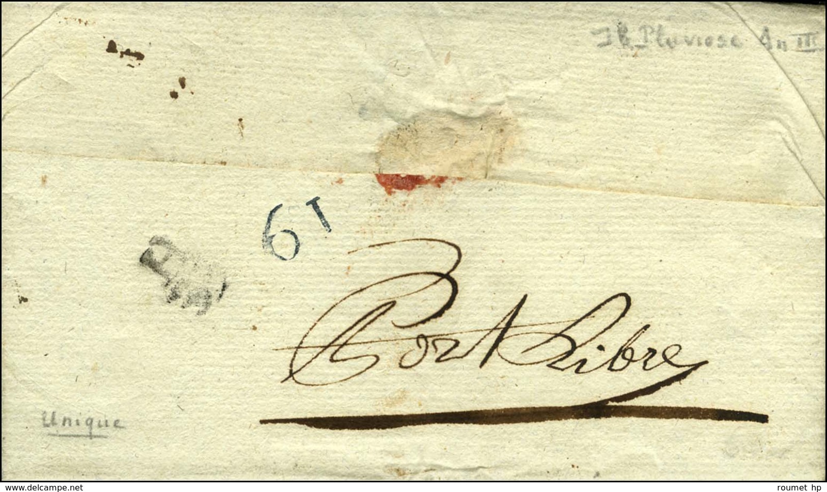 '' Port Libre '' (S N° 9587) Au Verso D'une Lettre Avec Texte Daté De Paris Le 18 Pluviôse An 3 Acheminée Par La Poste.  - 1701-1800: Précurseurs XVIII