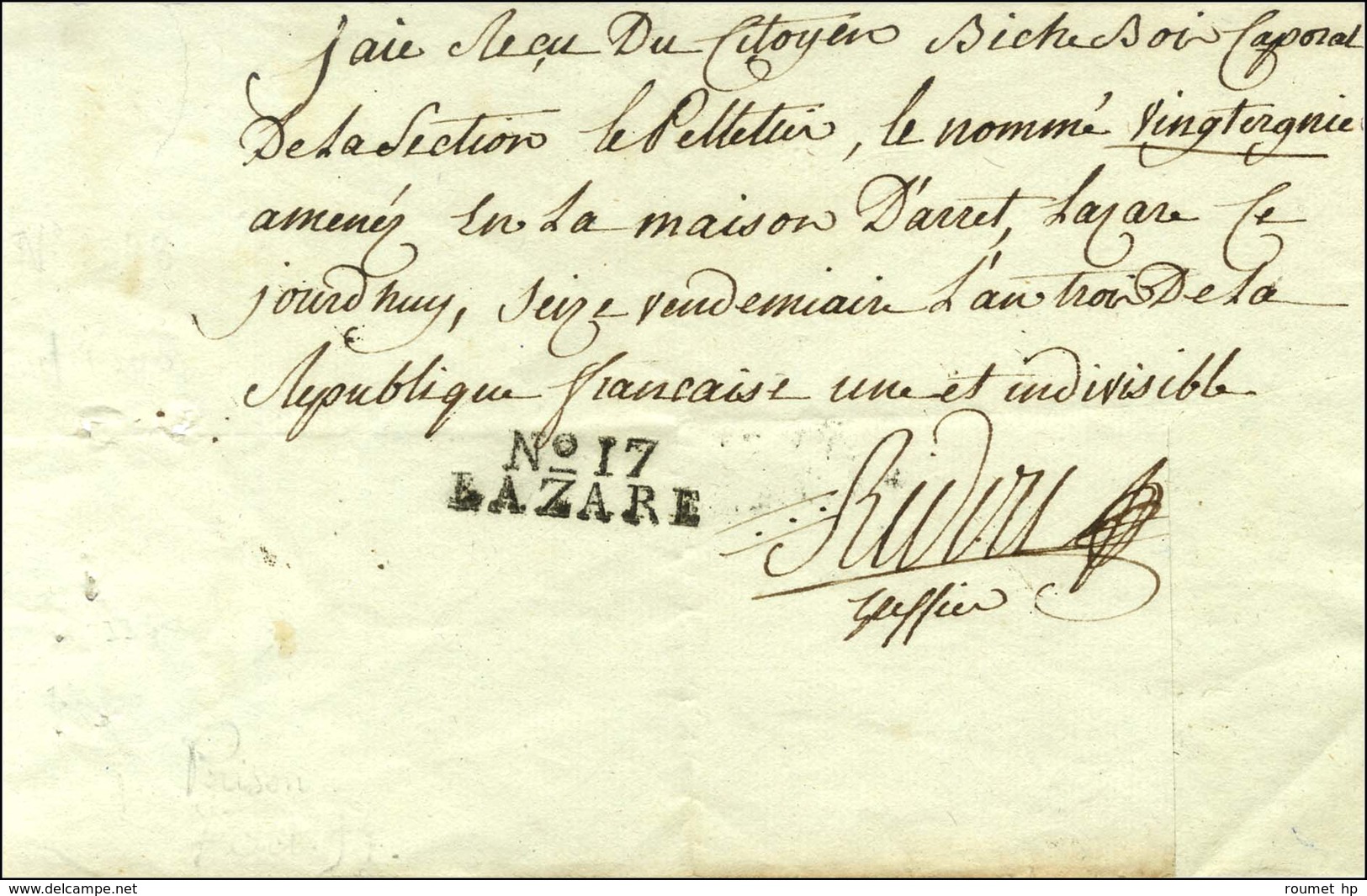 N° 17 / LAZARE (S N° 9637B) Sur Document Daté Maison D'arrêt Lazare Le 16 Vendémiaire An 3. - TB / SUP. - 1701-1800: Précurseurs XVIII