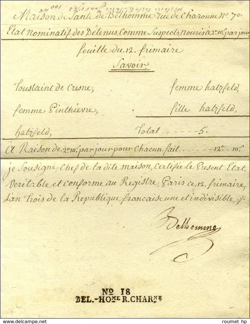 N° 18 / BEL.HOme R.CHARne (S N° 9650B) En Marge D'un Texte Daté Le 12 Frimaire An 3, Signé Belhomme. - SUP. - R. - 1701-1800: Precursors XVIII