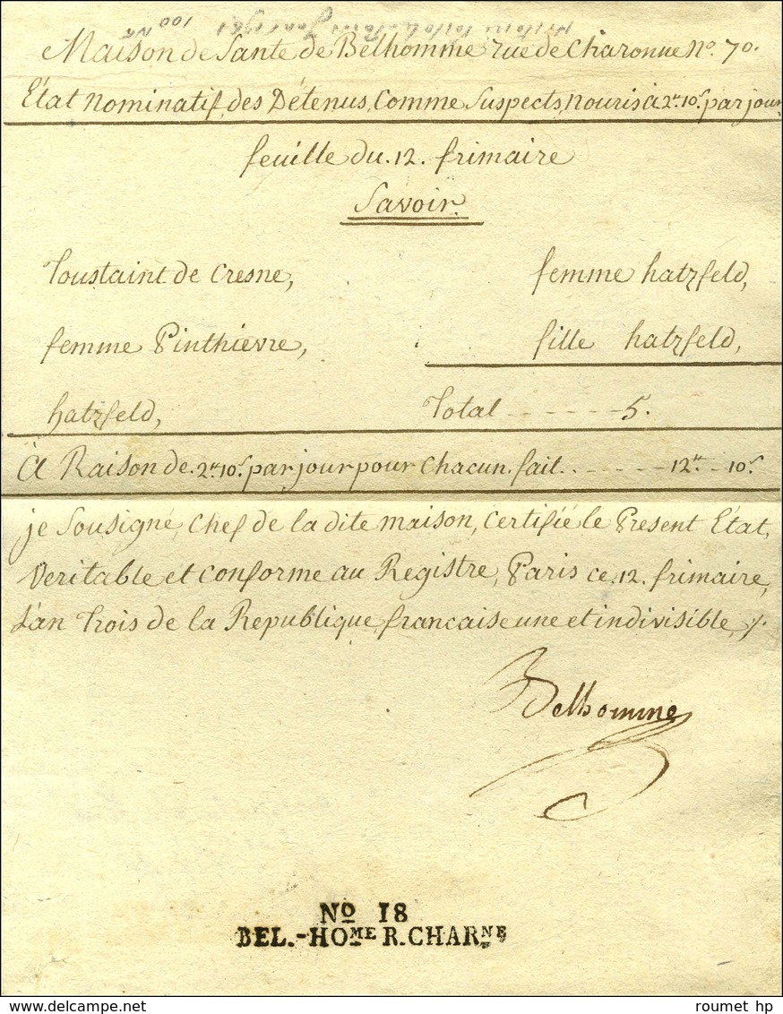 N° 18 / BEL.HOme R.CHARne (S N° 9650B) En Marge D'un Texte Daté Le 12 Frimaire An 3, Signé Belhomme. - SUP. - R. - 1701-1800: Précurseurs XVIII