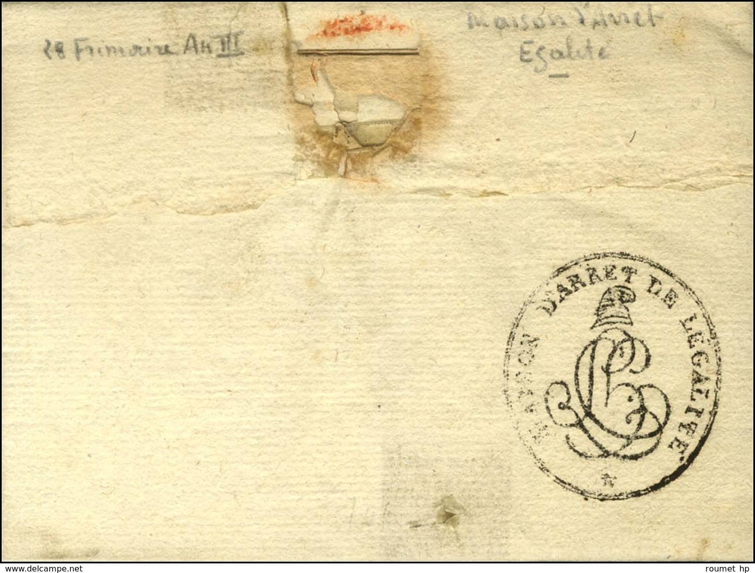 MAISON D'ARRET DE L'EGALITE (S N° 9664) Au Verso D'une Lettre Avec Texte Daté Le 28 Frimaire An 3. - TB / SUP. - 1701-1800: Précurseurs XVIII