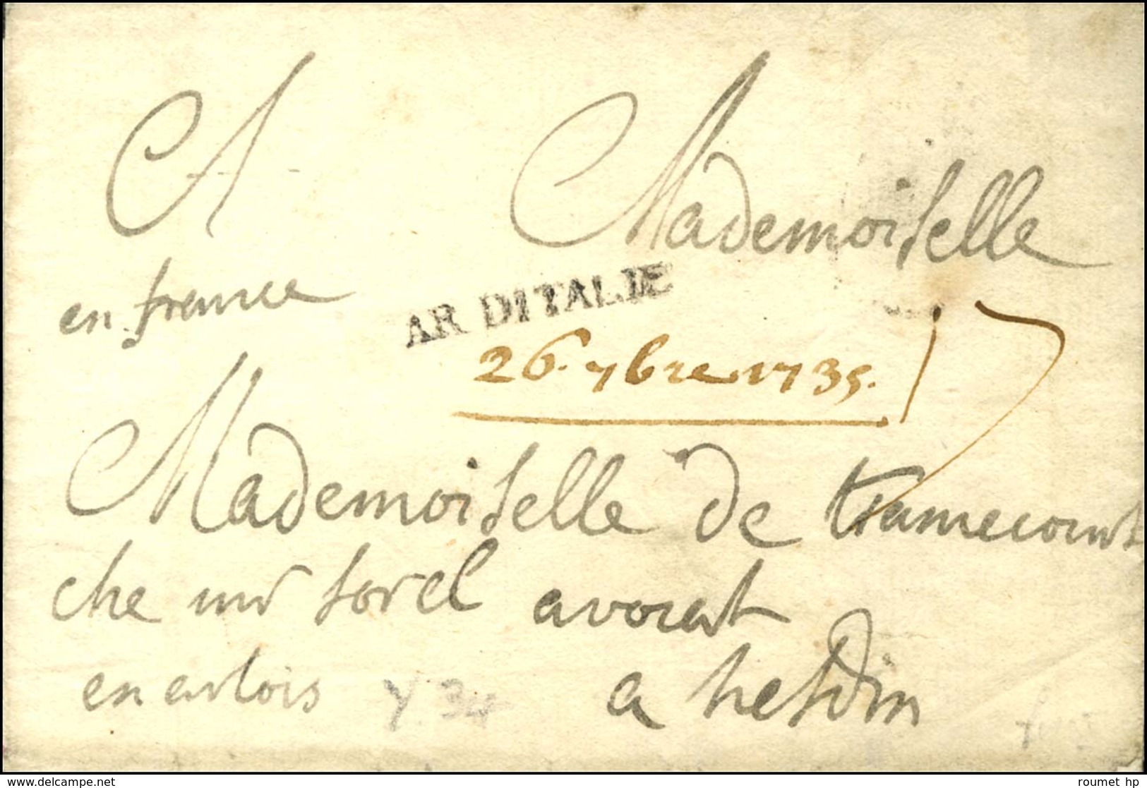 AR DITALIE + Mention Manuscrite '' 26 7bre 1735 '' Sur Lettre Sans Texte Pour Hesdin. - TB / SUP. - Armeestempel (vor 1900)