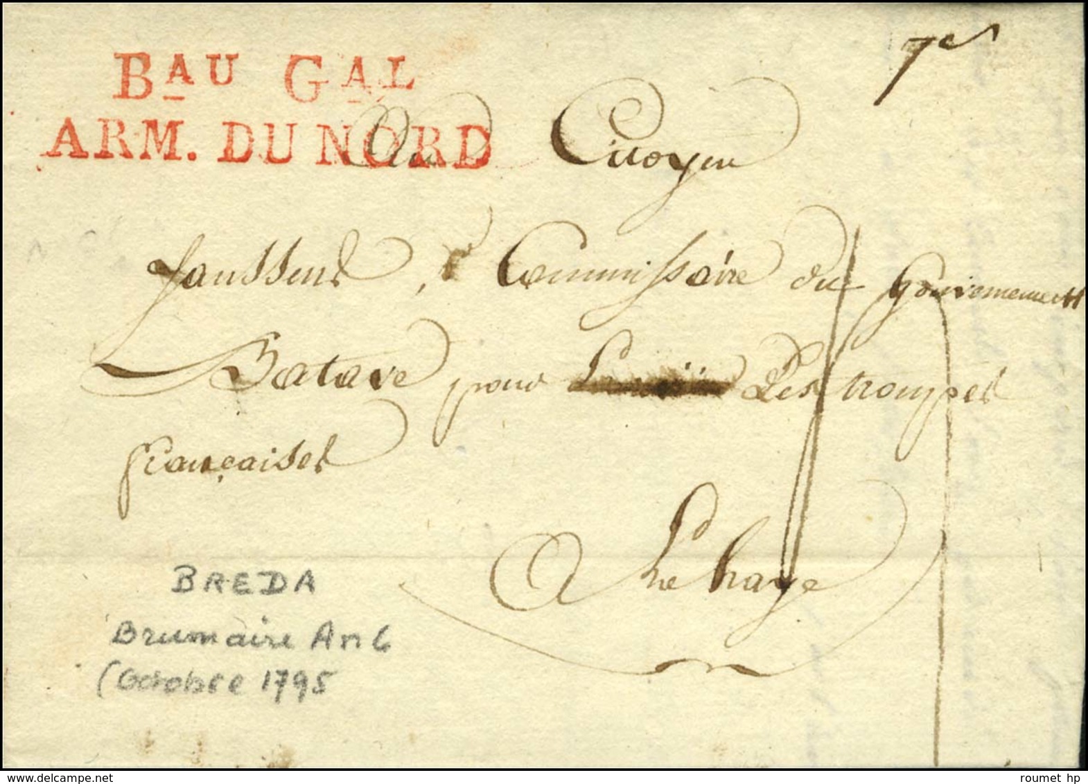 Bau Gal / ARM. DU NORD Rouge Sur Lettre Avec Texte Daté De Breda Le 5 Brumaire. An 6. - SUP. - Army Postmarks (before 1900)