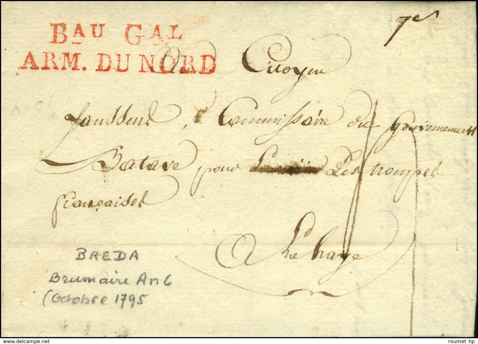 Bau Gal / ARM. DU NORD Rouge Sur Lettre Avec Texte Daté De Breda Le 5 Brumaire. An 6. - SUP. - Bolli Militari (ante 1900)