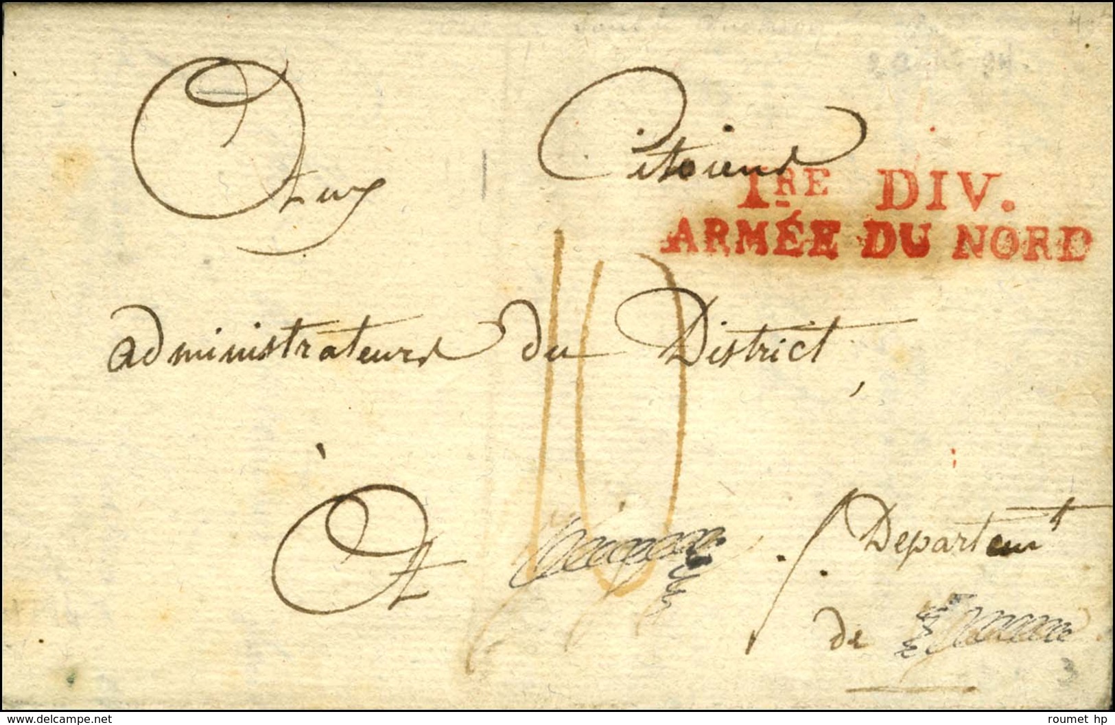1re Div / ARMEE DU NORD Rouge Sur Lettre Avec Texte Daté '' Au Camp Sous Les Murs Du Quesnoy Le 14 Thermidor An 2 ''. -  - Bolli Militari (ante 1900)