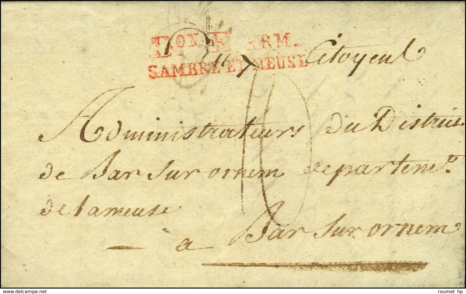 Don E ARM. / SAMBRE ET MEUSE Rouge Sur Lettre Avec Texte Daté D'Aix La Chapelle Le 15 Frimaire An 4 Pour Bar Sur Ornain  - Marques D'armée (avant 1900)