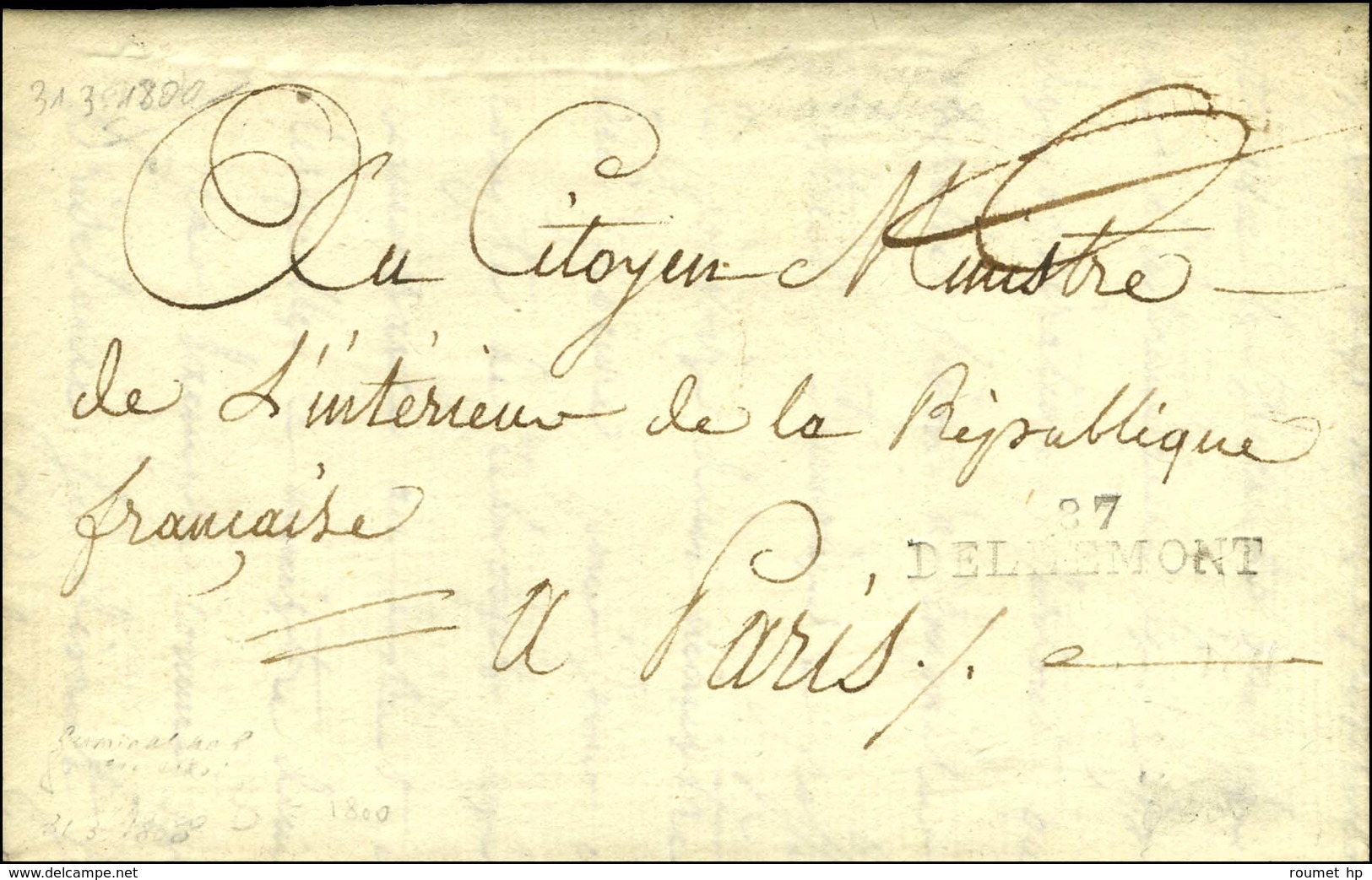 87 / DELLEMONT Sur Lettre Avec Texte Daté An 8 Adressé En Franchise à Paris. - TB / SUP. - R. - 1792-1815: Départements Conquis