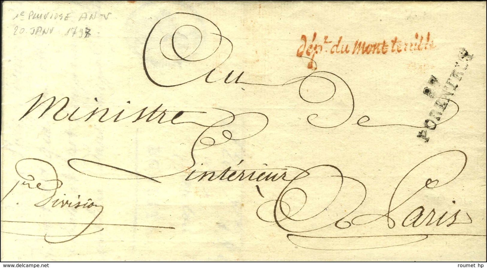 87 / PORENTRUY + Franchise Rouge Dept Du Mont Terrible Sur Lettre Avec Texte Partiel Pour Paris. An 5. - TB. - 1792-1815: Départements Conquis