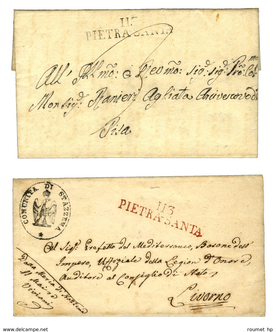 Lot De 2 Lettres : 113 / PIETRA SANTA Rouge Adressée En Franchise Sans Texte Et Idem Noire Sur Lettre Avec Texte Non Dat - 1792-1815: Conquered Departments