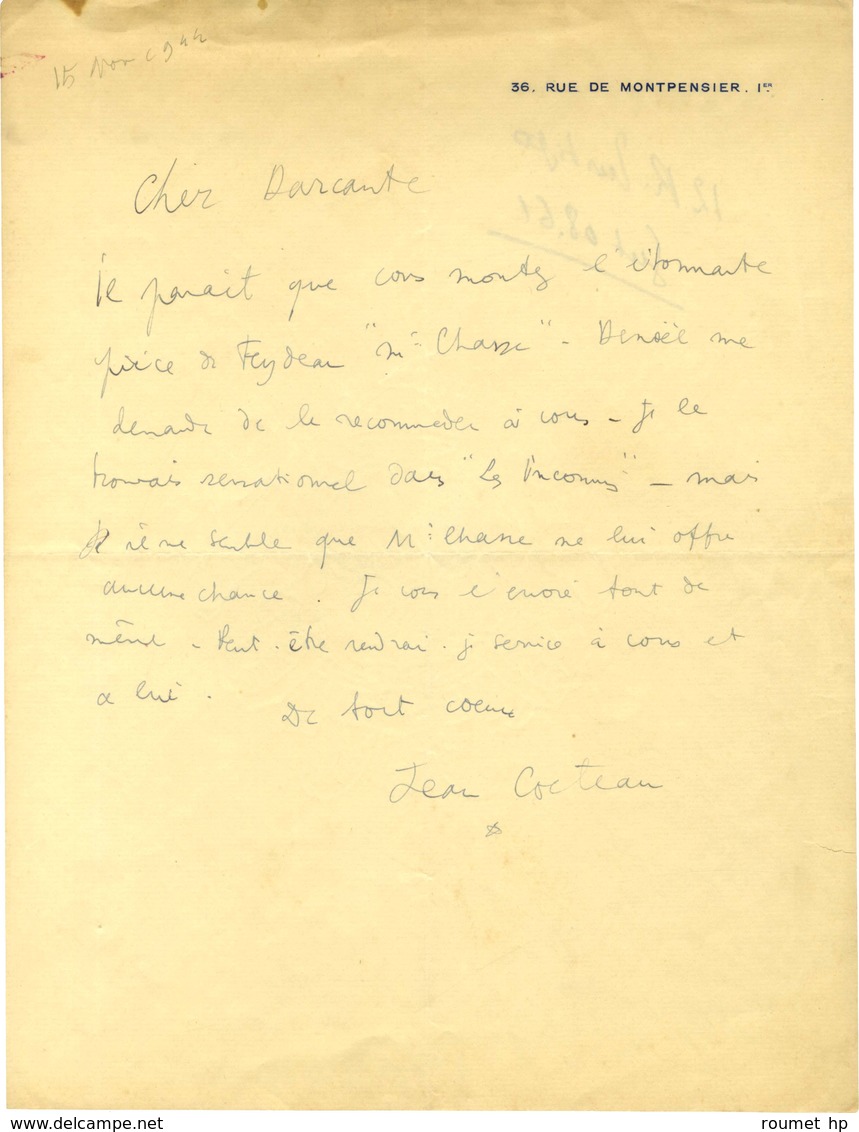 COCTEAU Jean (1889-1963), écrivain, Peintre Et Cinéaste, De L'Académie Française. - Sonstige & Ohne Zuordnung