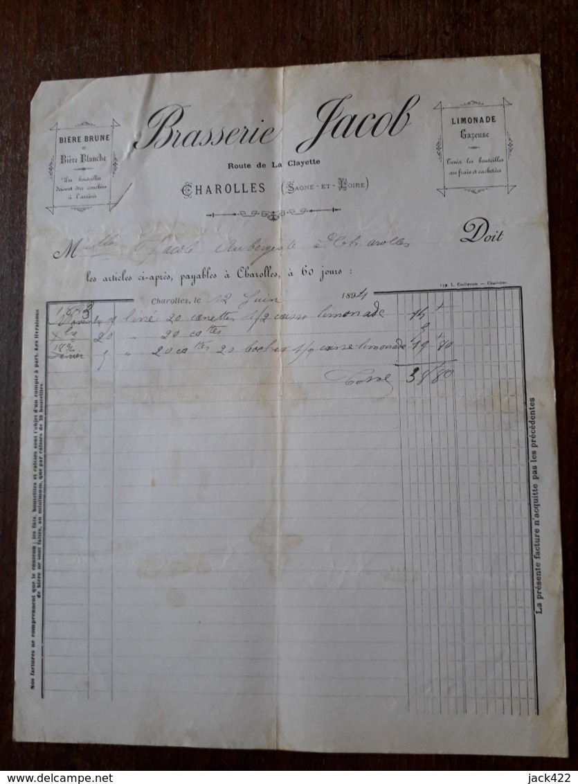 L24/27 Ancienne Facture. Charolles. Brasserie Jacob. 1894 - 1800 – 1899