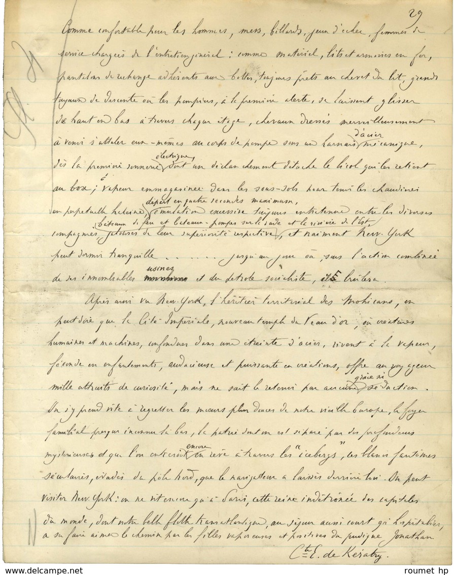 KÉRATRY Émile de, comte (1832-1904), homme politique, écrivain et militaire. -/- NEW YORK.