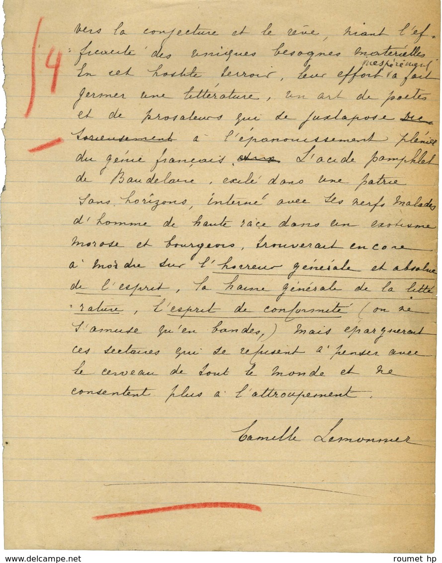 LEMONNIER Camille (1844-1913), écrivain, journaliste et critique d'art belge. -/- BRUXELLES.