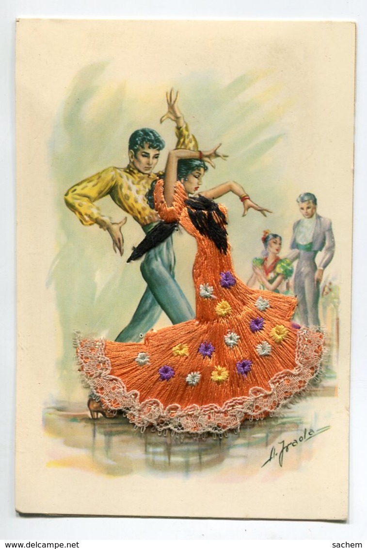 Carte BRODEE Tissée 620 ESPAGNE Andalousie Couple Danseurs Flamenco    Robe Tissu Véritable   Broderie  Dentelle - Embroidered