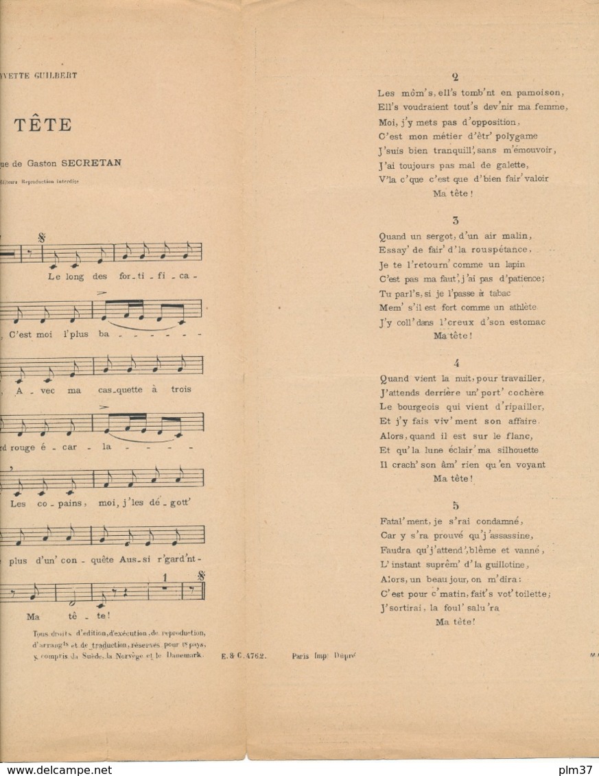 CHANSON - Ma Tête - Gaston Secrétan , Répertoire Yvette Guilbert - Scores & Partitions