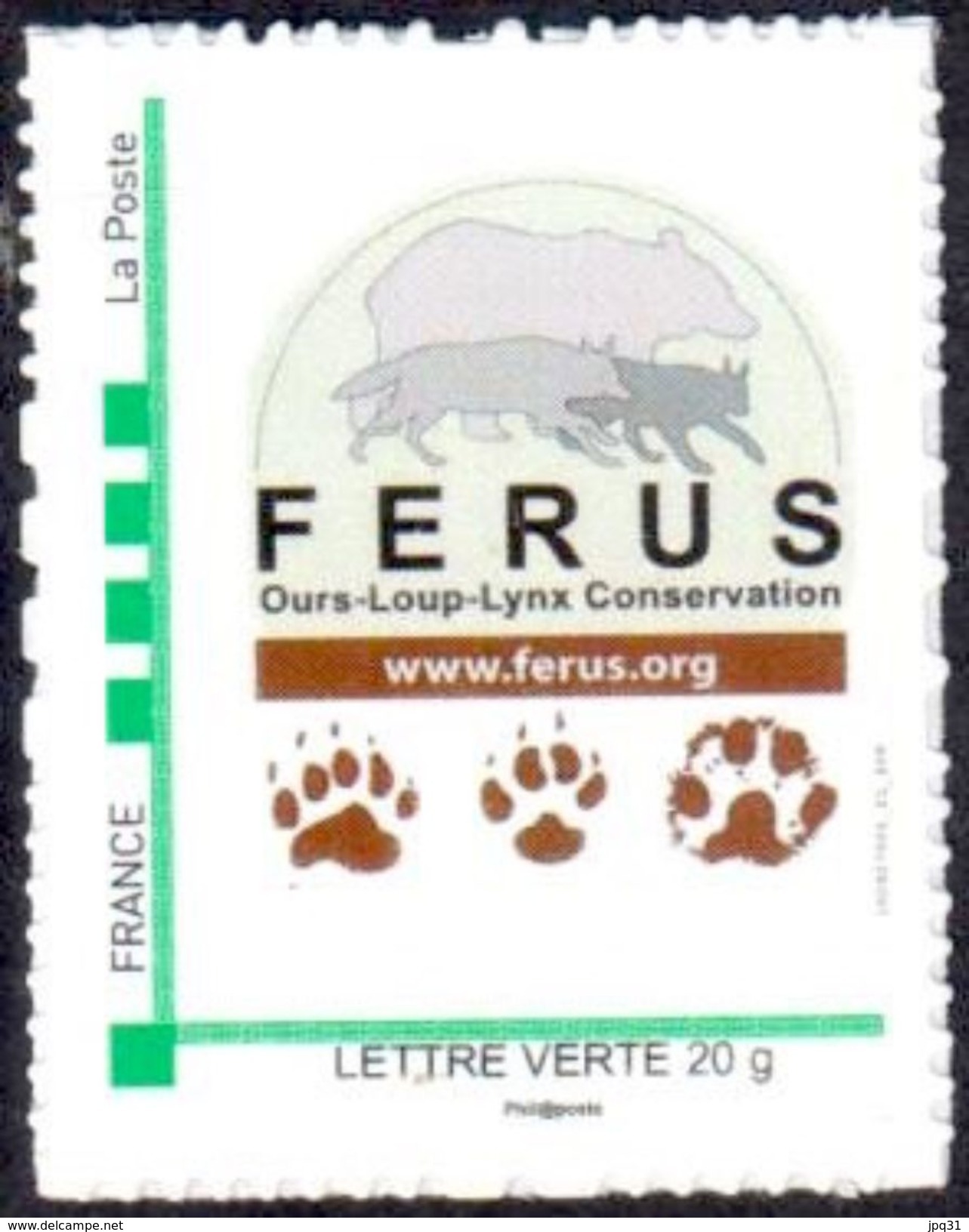 Timbre Personnalisé Logo Ferus Et Empreintes Ours Loup Lynx - édition 2016 - Lettre Verte - Autres & Non Classés