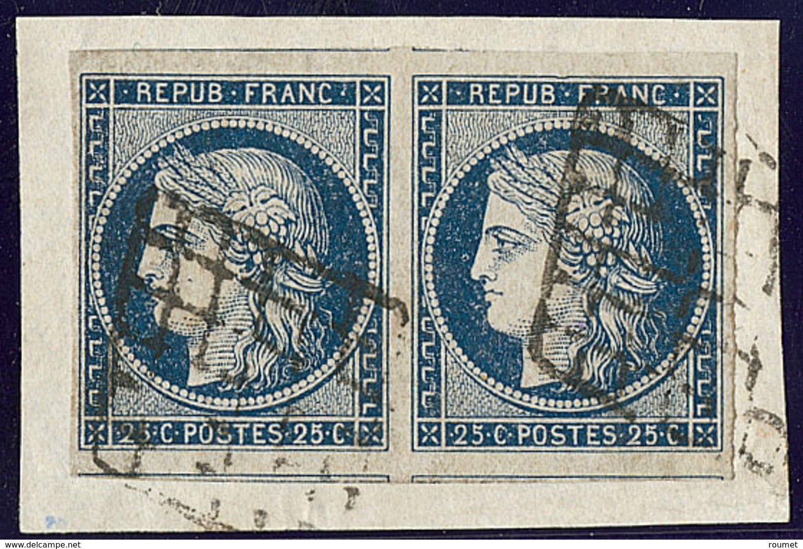 No 4a, Bleu Foncé, Paire, Quatre Voisins, Obl Grille Sur Support. - TB - 1849-1850 Cérès