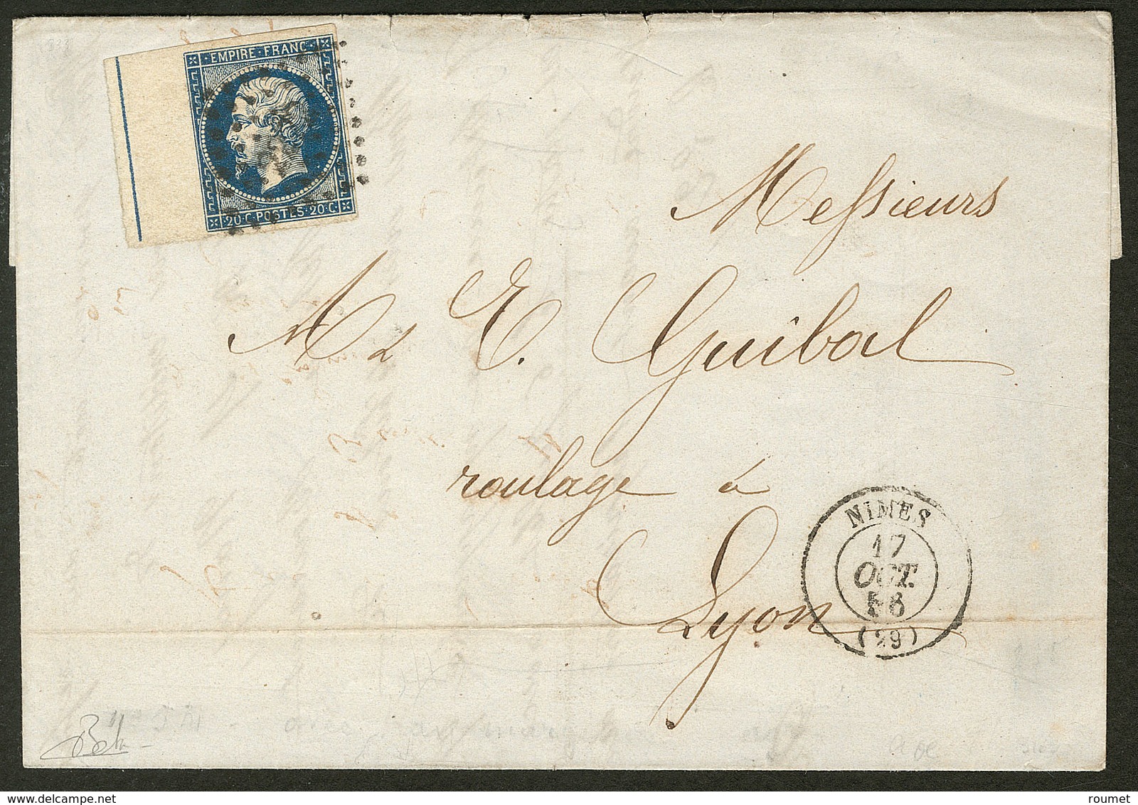 Lettre. Filet D'encadrement. No 14Ai, Bleu Foncé, Sur Lettre De Nîmes Oct 56 Pour Lyon. - TB (cote Maury) - 1853-1860 Napoléon III