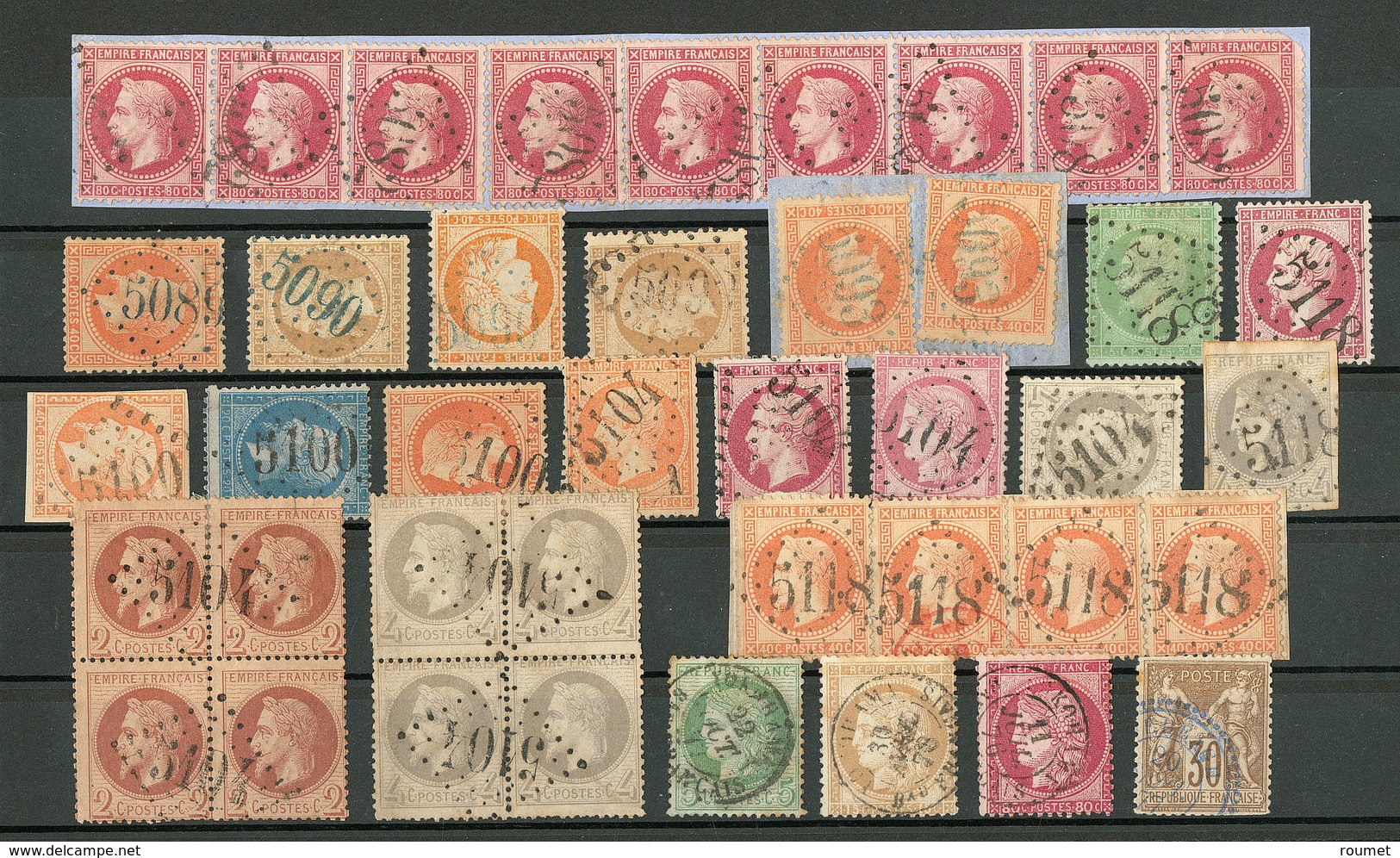 Collection. 1862-1876, 37 Ex Obl Gc Entre 5082 Et 5118 Et 4 Ex Obl Cad, Dont Bande De Quatre, Bande De Six Et Deux Blocs - Autres & Non Classés