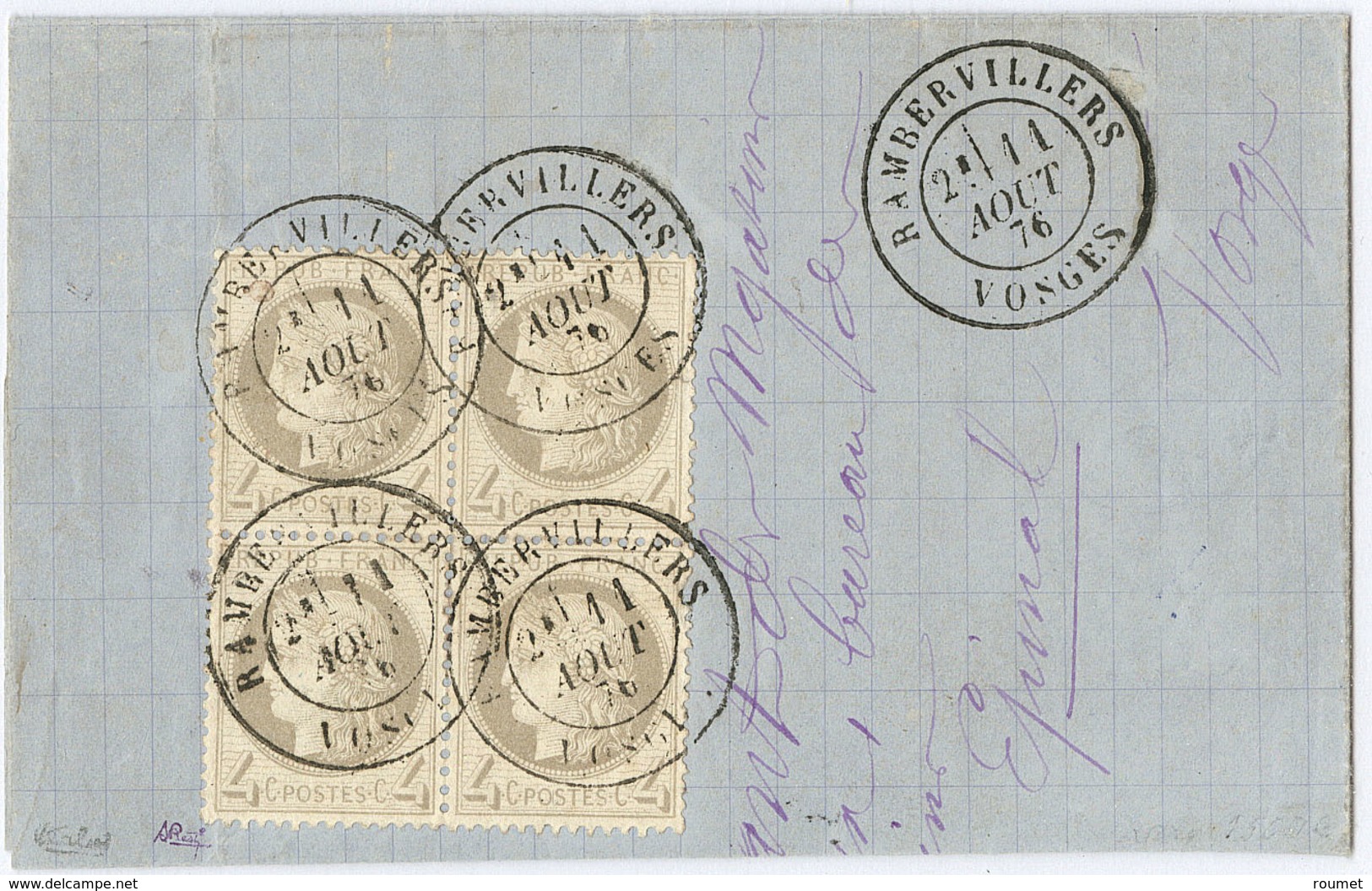 Lettre. No 52, Bloc De Quatre Obl Cad Rambervillers 11 Août 76 Sur Fragment De Lettre. - TB - 1871-1875 Cérès