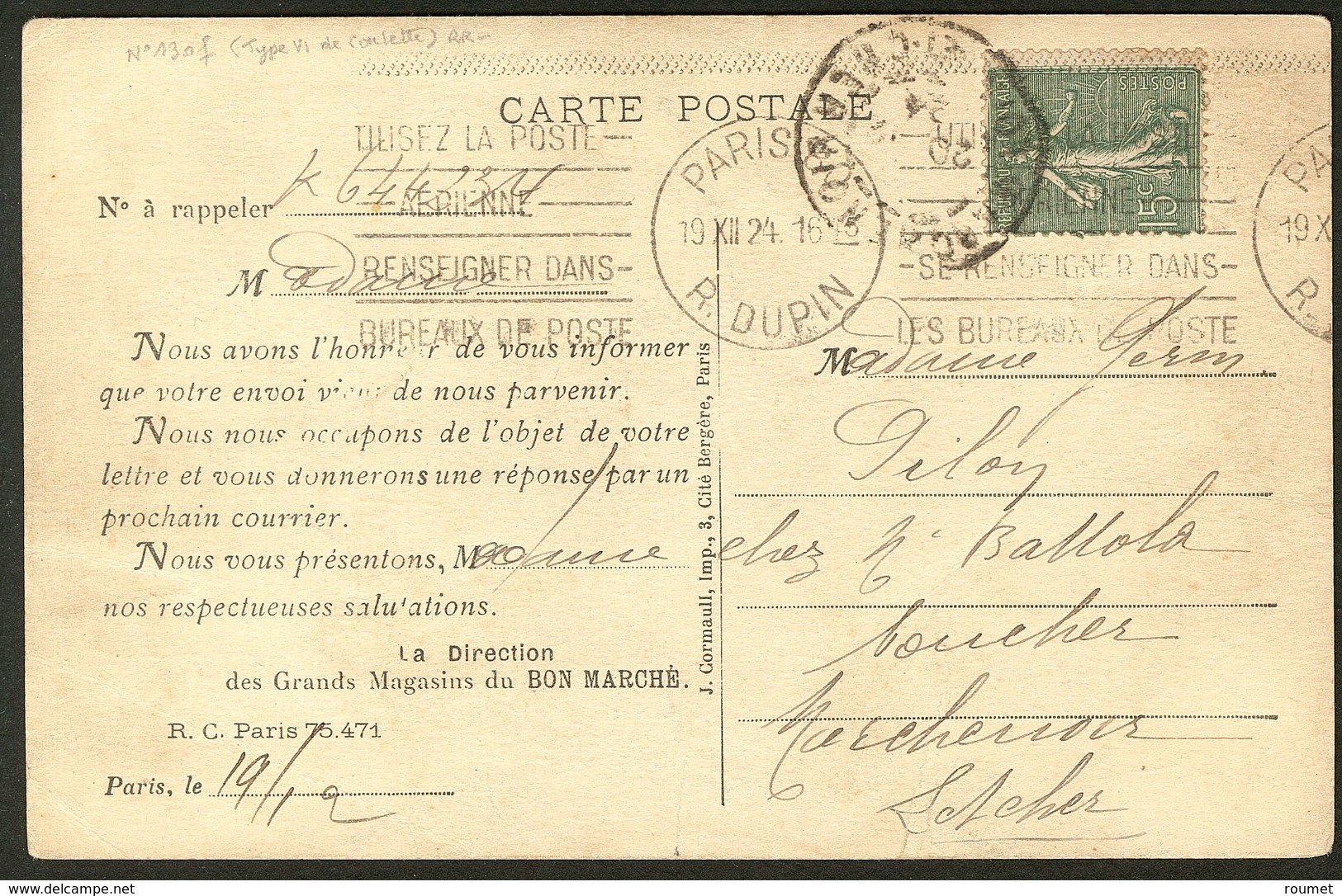 Lettre. Type VI. No 130f, Sur CP Commerciale Du "Bon Marché" 19.12.24. - TB - Autres & Non Classés