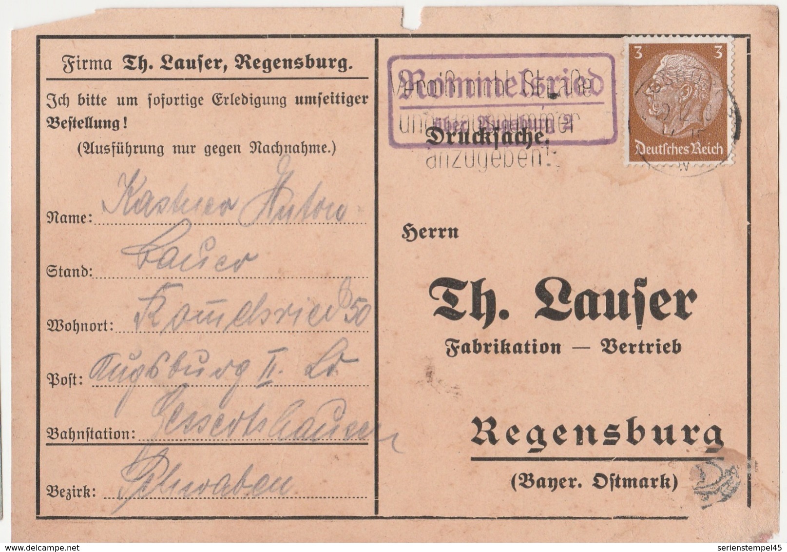 Deutsches Reich Karte Mit Landpoststempel Rommelsried über Augsburg 1938 - Briefe U. Dokumente