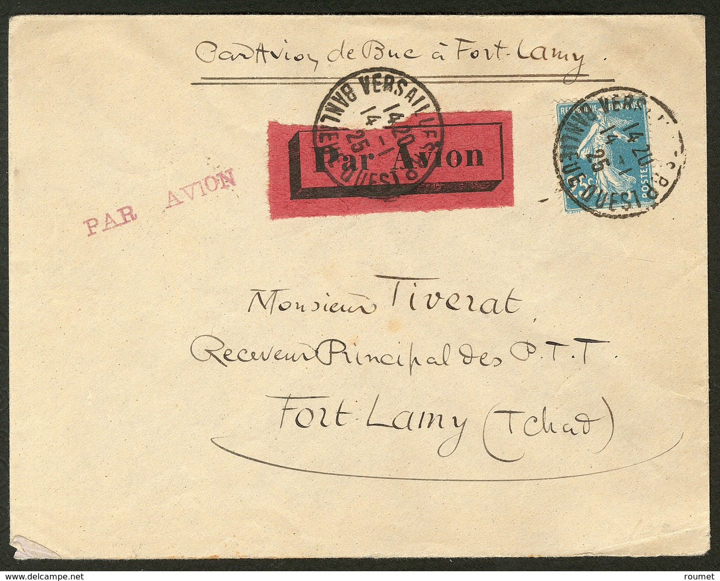 Lettre. Aérogrammes. Paris-Niamey Janv 1925. Enveloppe Pour Fort-Lamy Afft 140 Obl Cad Versailles 14.1.25, Avec Arr. - T - Autres & Non Classés