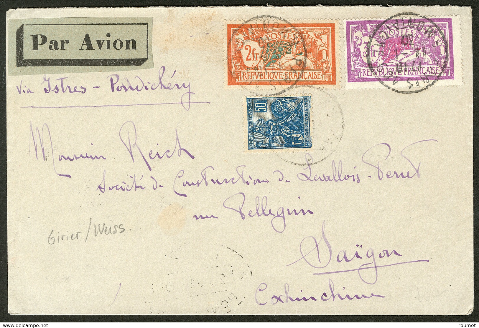 Lettre. Aérogrammes. Istres-Pondichéry 17 Janv 30. Enveloppe Afft No 145 + 240 + 257, Obl Paris 11.1.30, Pour Saïgon Ave - Autres & Non Classés