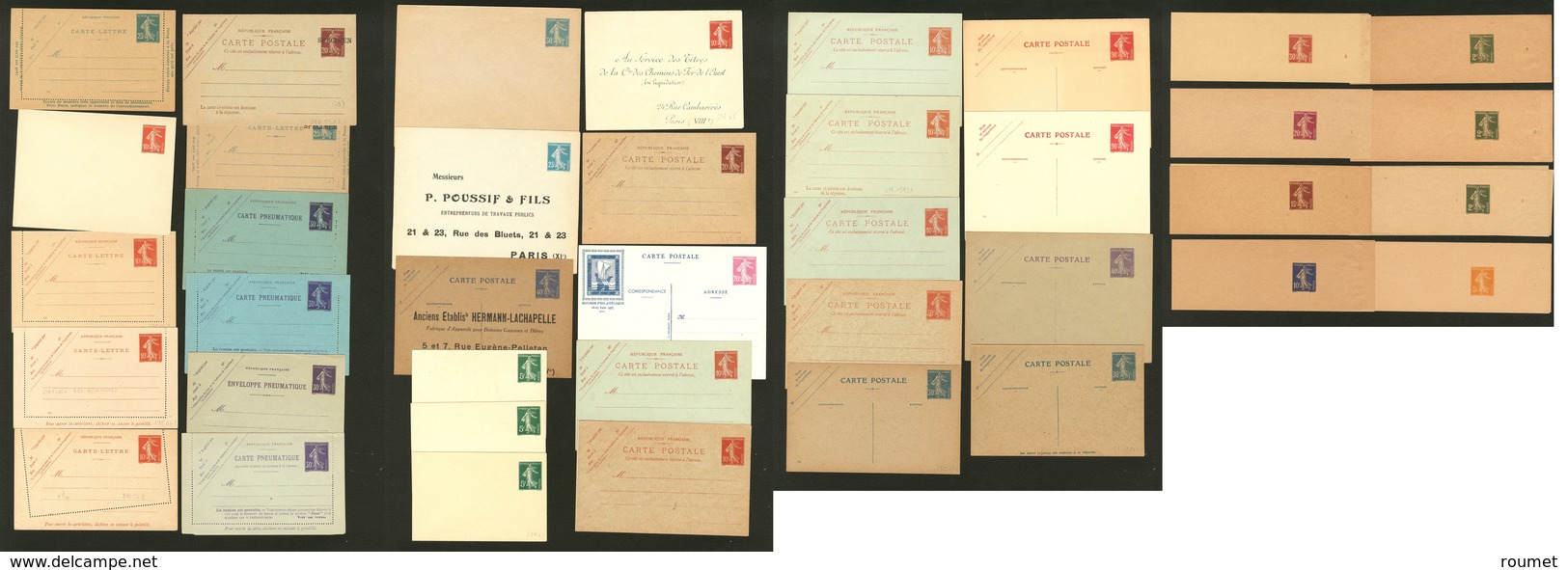 Lettre. Lot. Semeuse Camée. 1906-1930, 43 Enveloppes, CPs, CLs Et BJs Neuves, Valeurs Diverses. - TB - Autres & Non Classés