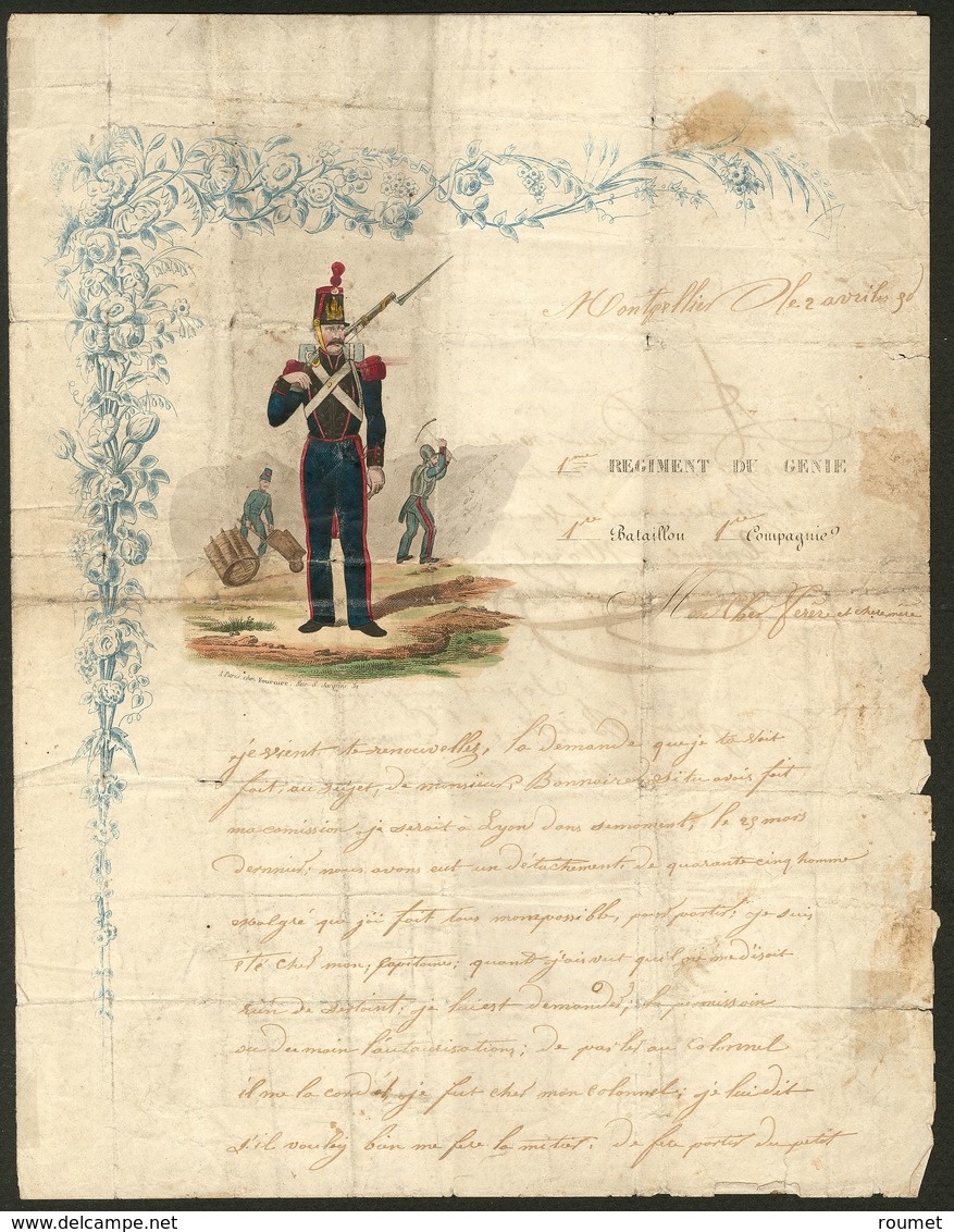 Lettre. Lettre De Soldat. Polychrome Sur Lettre 1er Régiment Du Génie De Montpellier 2 Avril 1830, Avec Texte Sur 4 Face - Non Classés