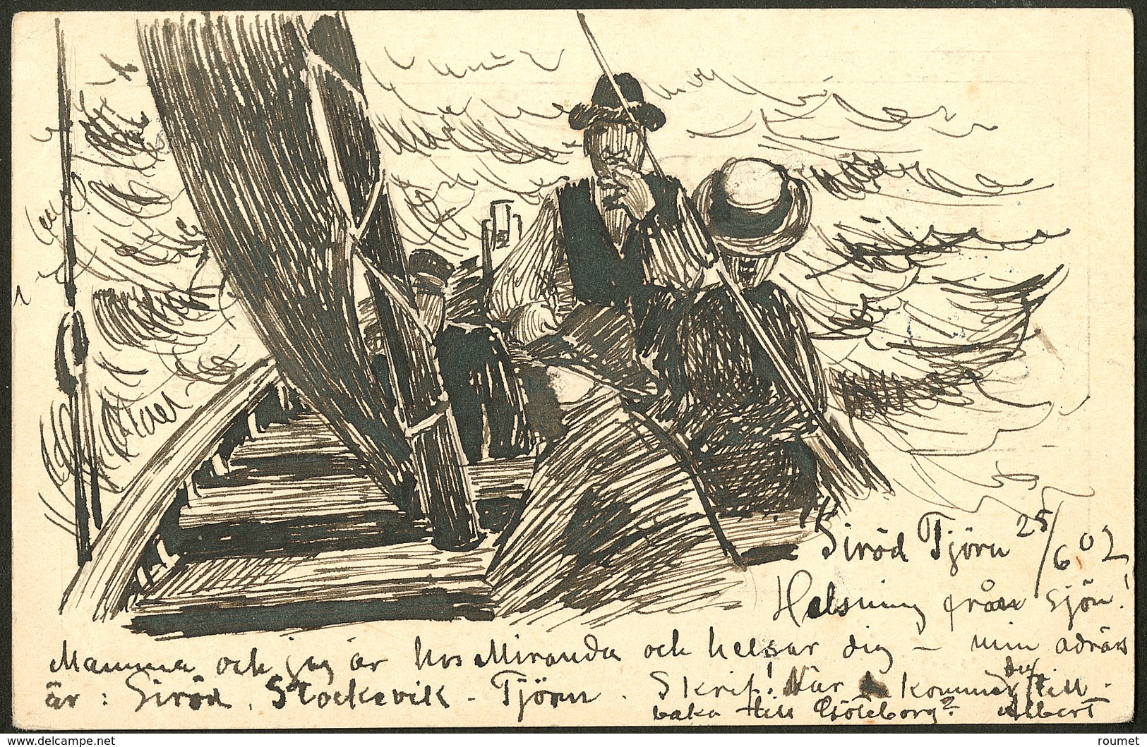 Lettre. Illustrations à La Main. Pêcheurs Suédois". Entier Suède, Illustration Plume, Voyagé Juin 1902. - TB - Sin Clasificación