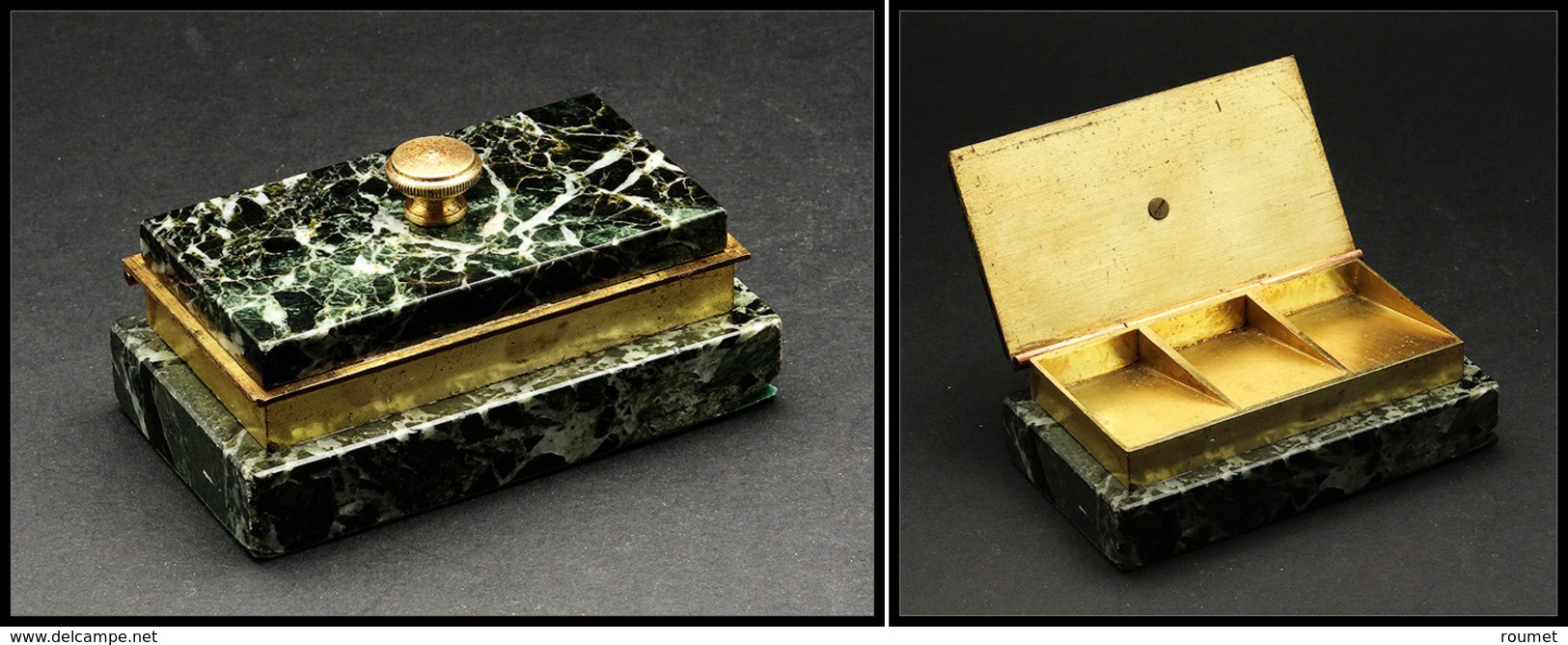 Boîte En Marbre Vert, Intérieur Et Cerclage En Bronze Doré, 3 Comp., 90x50x40mm. - TB - Boites A Timbres