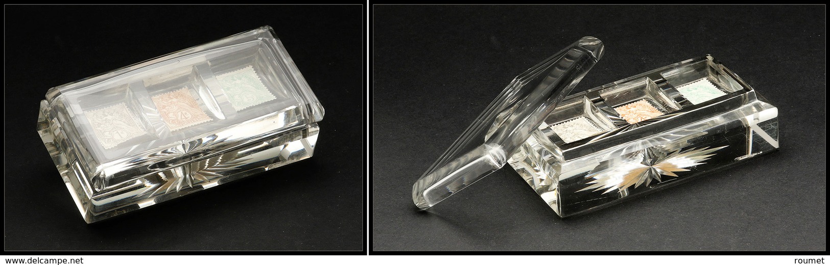 Boîte En Cristal, Couvercle Amovible, 3 Comp., 105x50x30mm. - TB - Postzegeldozen