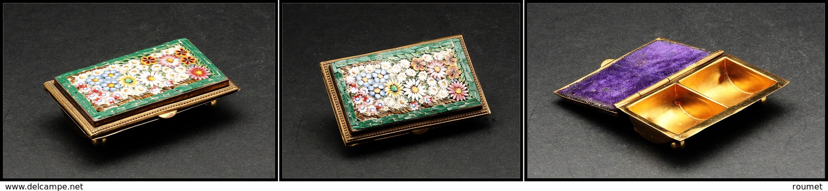 Boite Italienne En Bronze à Mosaïque D'émail à Motif Fleurs Sur Couvercle, 2 Comp., 60x37x15mm. - TB - Boites A Timbres