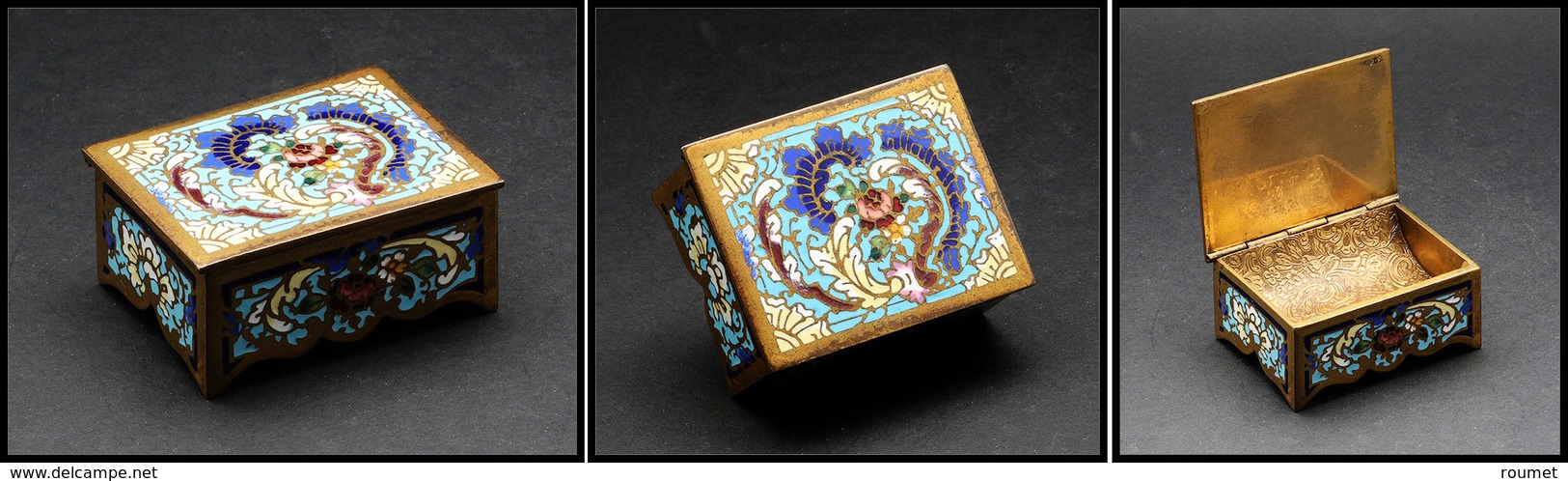 Boîte En émail, Dominante Turquoise, Et Bronze Doré, 1 Comp., 58x45x24mm. - TB - Stamp Boxes