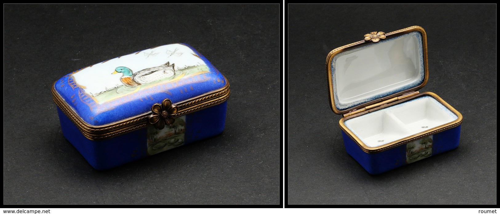 Boîte En Porcelaine De Limoges, Cerclage Et Boucle Bronze, Décor Bleu-roi Avec "Canard" Peint Main, 2 Comp., 55x34x30mm. - Boites A Timbres