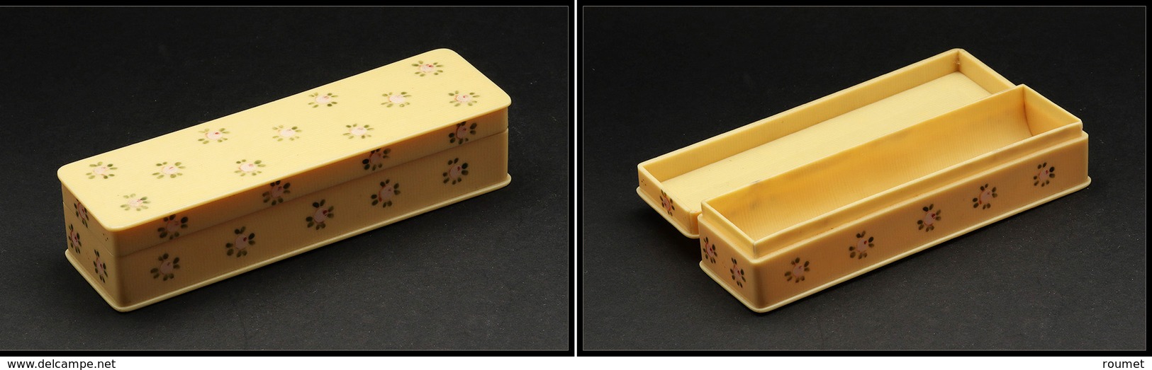 Boîte Rectangulaire En Ivoirine, à Décor De Petites Fleurs, 1 Comp., 138x40x30mm. - TB - Stamp Boxes