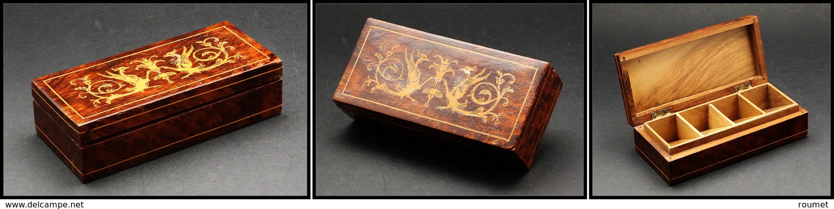 Boîte En Loupe De Thuya Avec Marqueterie Façon XVIIIe Sur Couvercle, 4 Comp., 123x58x33mm. - TB - Stamp Boxes