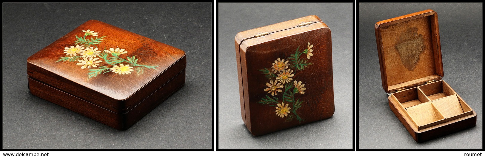 Boîte En Bois Verni Avec "Fleurs" Peintes Sur Couvercle Et Marquée "Pierre", 4 Comp., 78x68x20mm. - TB - Stamp Boxes