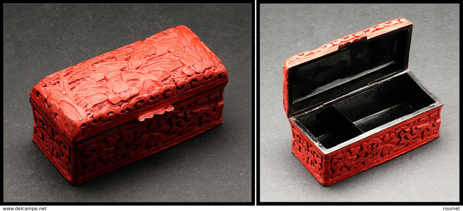 Boîte Chinoise Laquée Rouge à Fin Décor Sculpté, 2 Comp., 85x40x35mm. - TB (cf BB P.77) - Contenitore Per Francobolli
