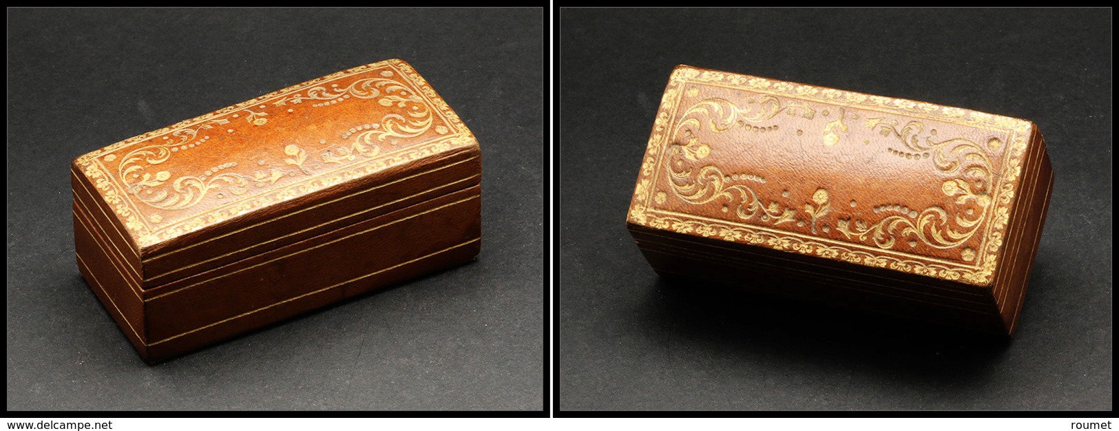 Boîte En Cuir Avec Dorure Au Fer Sur Couvercle, 3 Comp., 95x45x37mm. - TB - Stamp Boxes