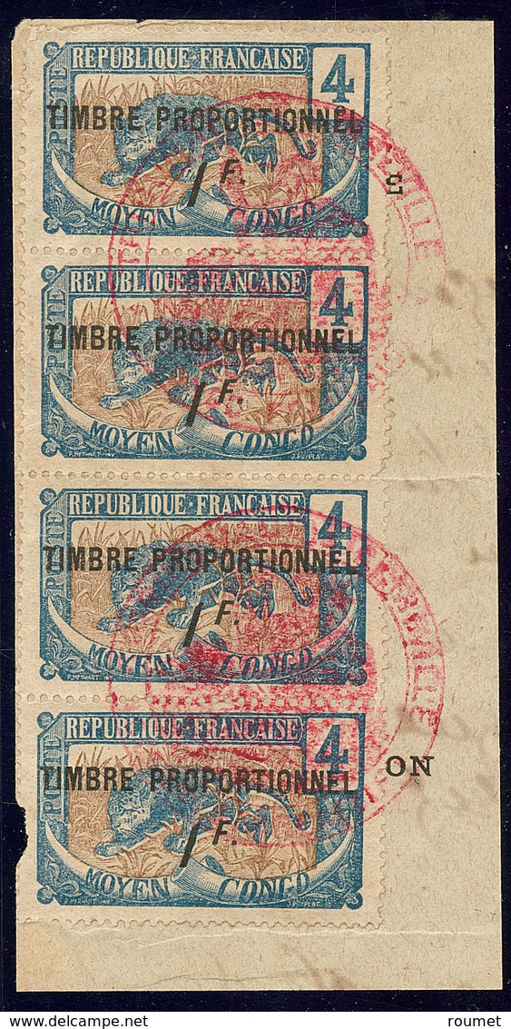 Congo. No 50 Bande De Quatre Verticale Surchargé "TIMBRE PROPORTIONNEL/1f" Obl Cachet Rouge Sur Fragment. - TB - Autres & Non Classés