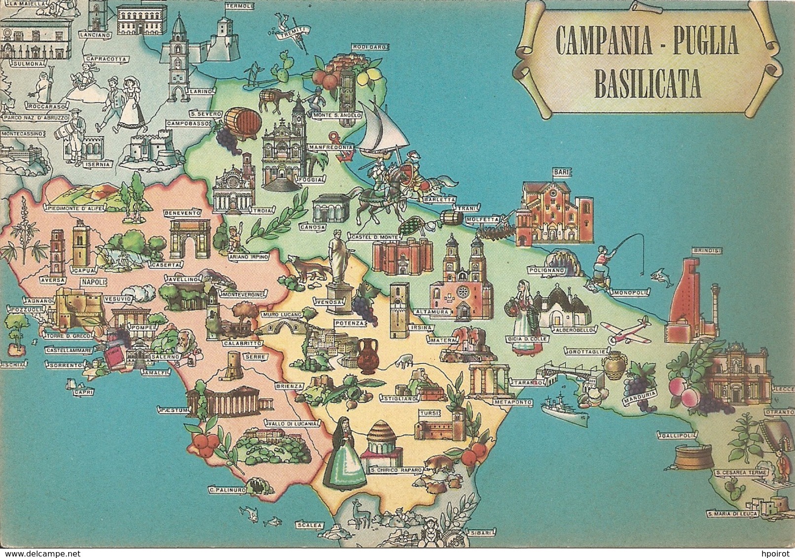 Cartolina Con CARTA TURISTICA DI CAMPANIA - PUGLIA - BASILICATA - FORMATO GRANDE - (rif. I61) - Cartes Géographiques