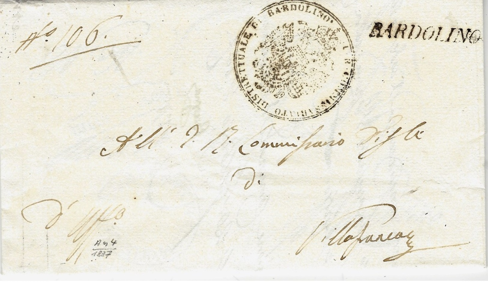 1837 - LOMBARDO-VENETIE - Lettre De BARDOLINO   ( Voll. 1 ) Noir Pour Villafranca - ...-1850 Voorfilatelie