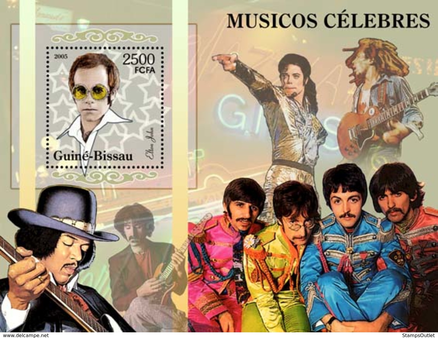 Guinea - Bissau 2005 - Famous Pop Stars Eltohn John, M. Jackson, F. Zapa, The Beatles S/s, Y&T 287, Michel 3147/BL522 - Guinée-Bissau