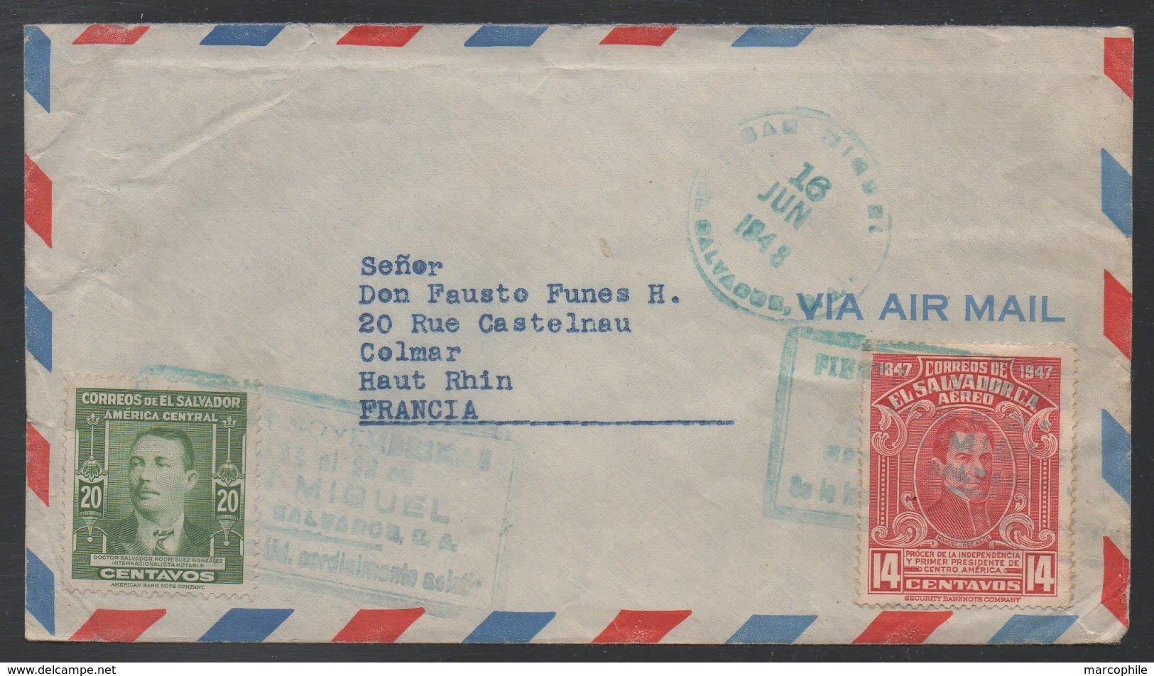 SALVADOR - SAN MIGUEL / 1948 LETTRE AVION POUR LA FRANCE (ref LE122) - Salvador