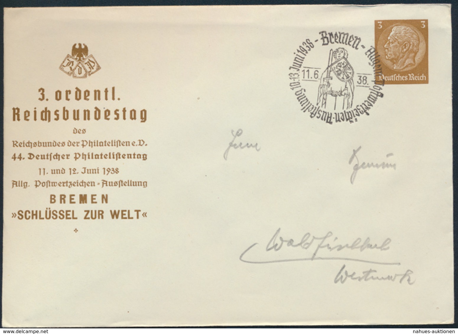 Dt. Reich Privatganzsache PU 127 44. Philatelistentag Bremen 3. Reichsbundestag - Andere & Zonder Classificatie