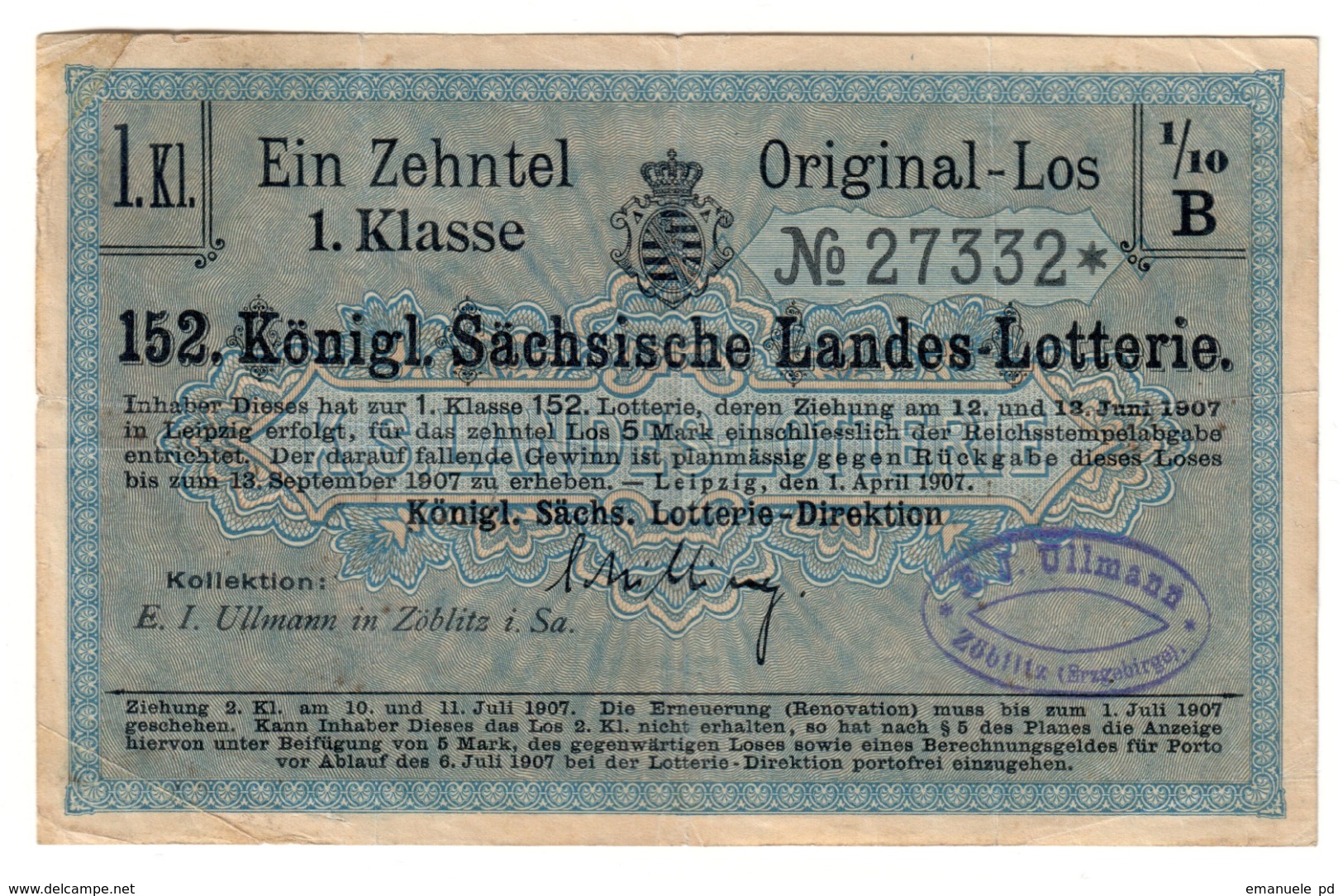 Germany Lottery - Sachsische Loterie 1907 - Billets De Loterie