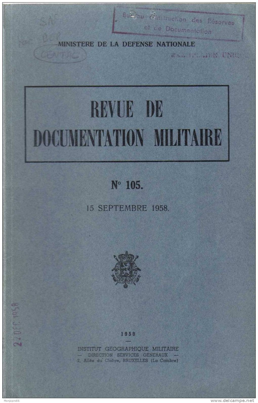 Revue De Documentation Militaire N° 105 Du 15 Septembre 1958 - Français