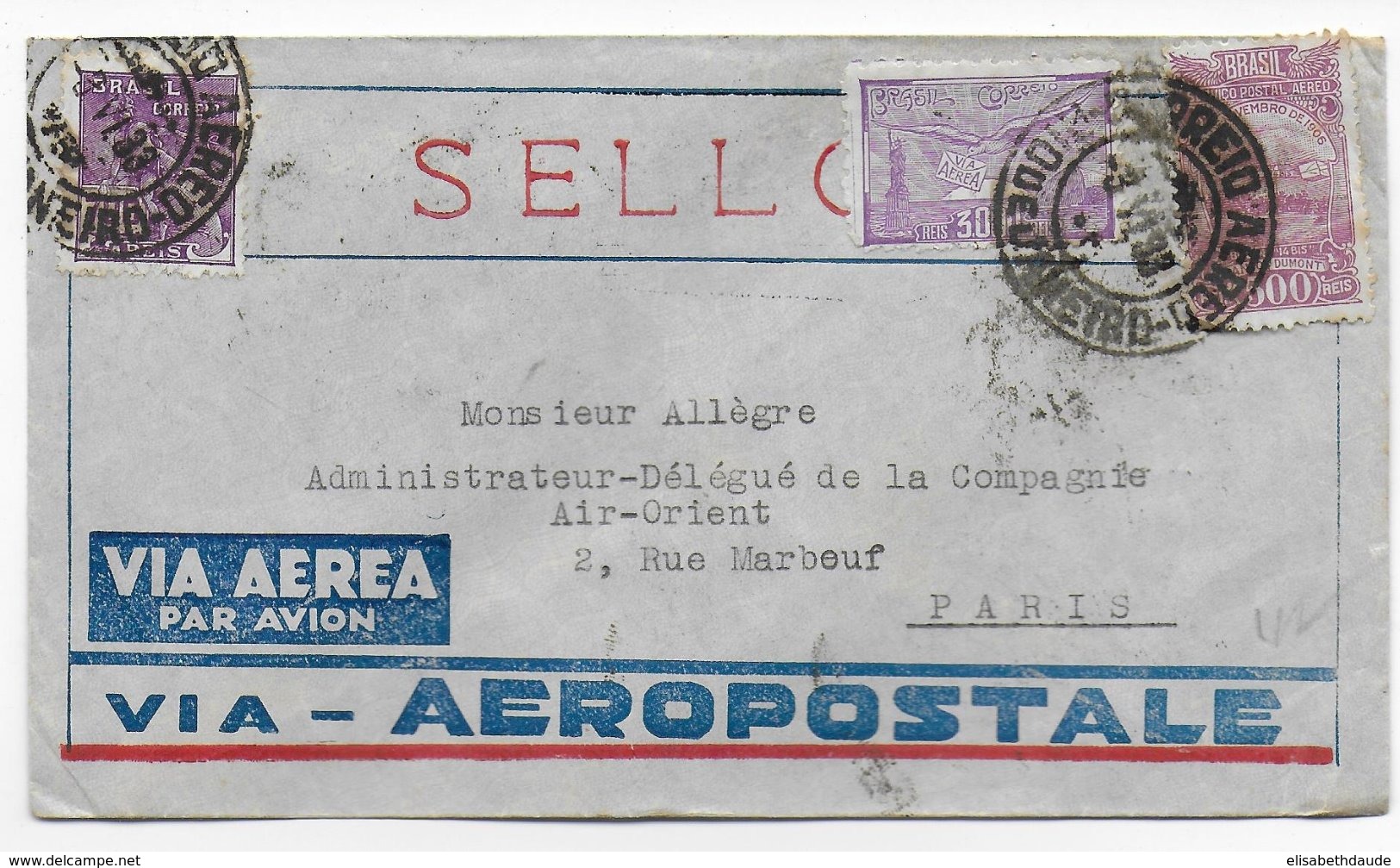 1933 - ENVELOPPE Via AEROPOSTALE De RIO DE JANEIRO (BRESIL) => PARIS - VOIR DOS - 1927-1959 Lettres & Documents